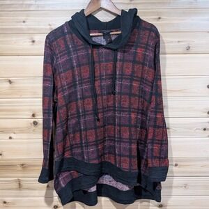 Ali Miles Womens XL Red Black Plaid Hooded Tunic Top Long Sleeve High Low Hem